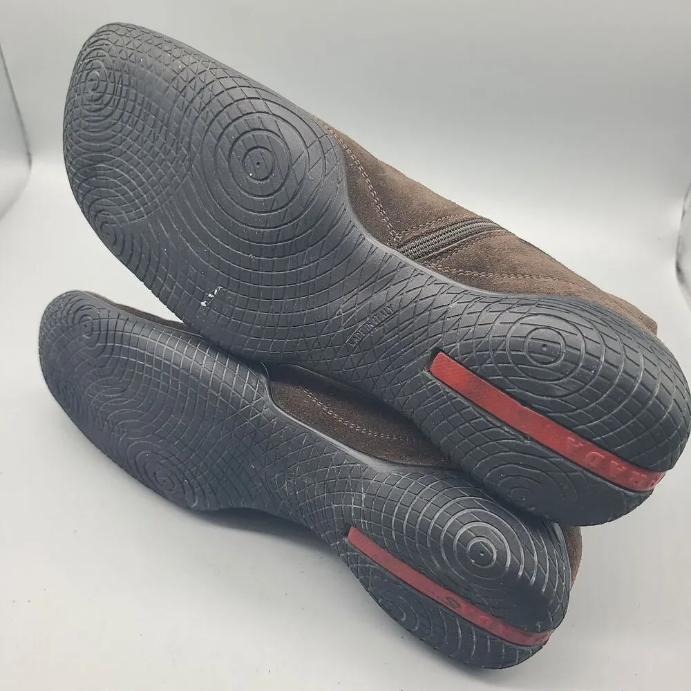 VTG Prada Sport Ankle Boots Women ITALY brown suede flat zip 4459 39.5 US 9.5 - Picture 10 of 15